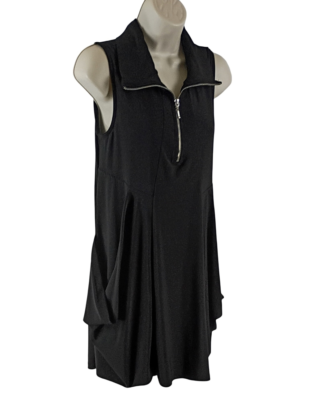 Sleeveless Black Zip-Front Midi Dress with Draped Pockets